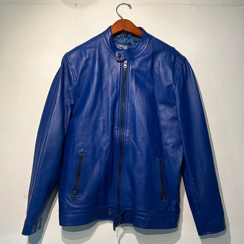Prastara men’s blue leather moto jacket size large. Worn once.